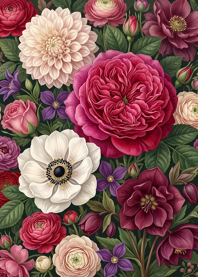 Vibrant Floral Garden Botanical Illustration
