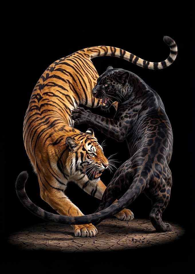 angry Tiger and Black Panther Fighting poster