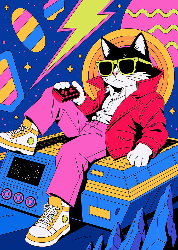 Retro Gaming Cat in Synthwave Style