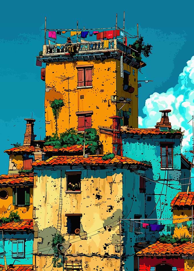 Vibrant Mediterranean Rooftop Cityscape