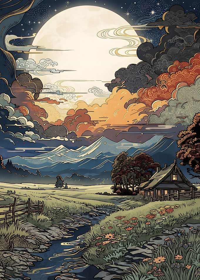 Moonlit Mountain Landscape Illustration