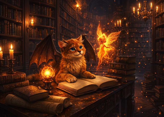 Winged Cat and Fairy in Library