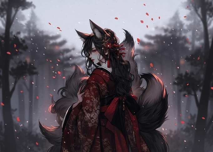 Kitsune Girl in Red Kimono