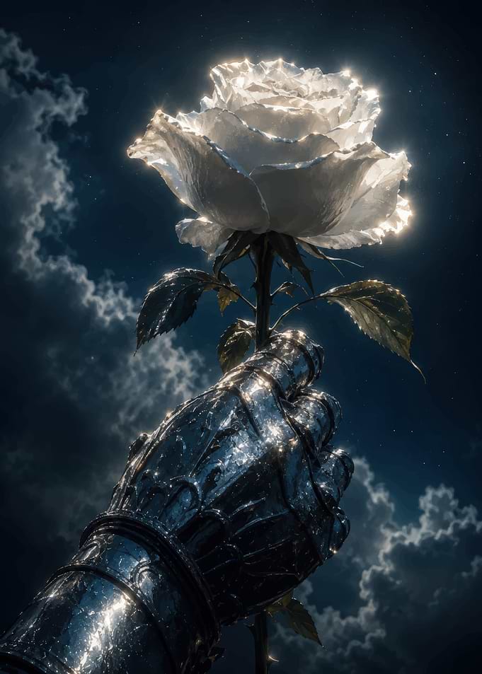 Knight's Hand Holding Glowing White Rose