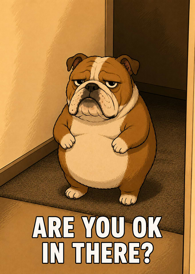 Are You OK in There? Funny Grumpy Bulldog Bathroom Meme Poster