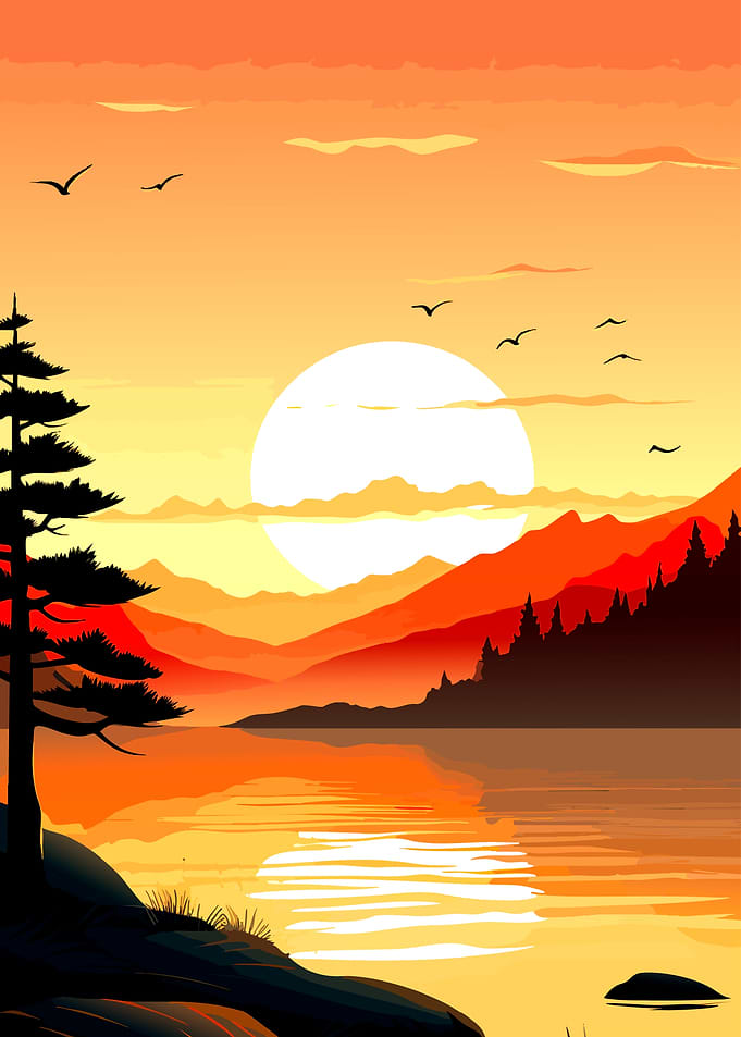 Vibrant Sunset Over Mountain Lake