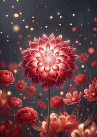 Glowing Red Dahlia in Magical Garden