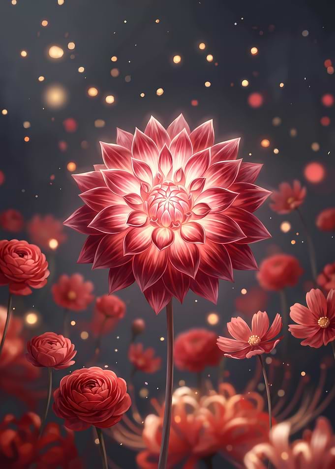 Glowing Red Dahlia in Magical Garden