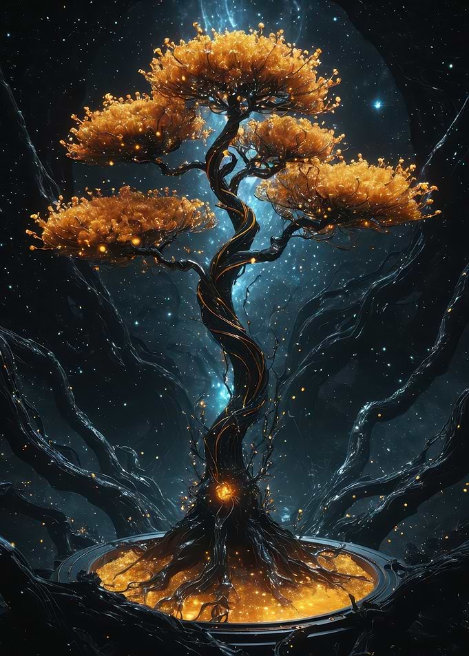 Golden Cosmic Bonsai — Ethereal Glowing Tree in a Starfield
