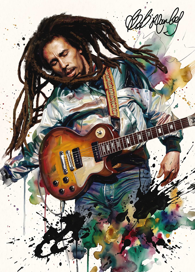 Bob Marley Watercolor Guitar Portrait