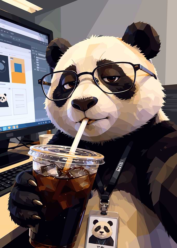 Panda Office Worker Drinking Iced Coffee
