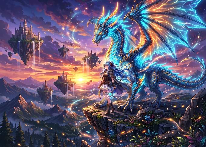 Anime Girl and Glowing Dragon