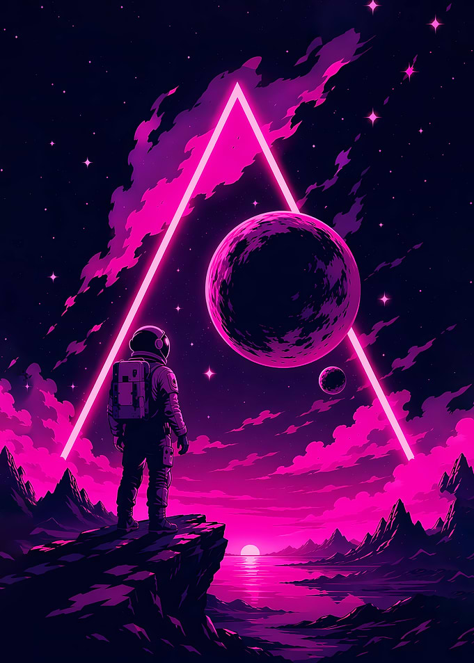 Astronaut Standing Under Neon Triangle