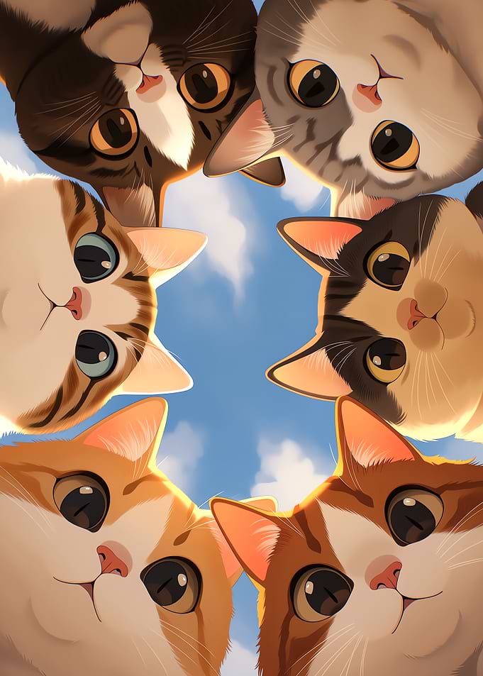 Six curious cute cats looking down