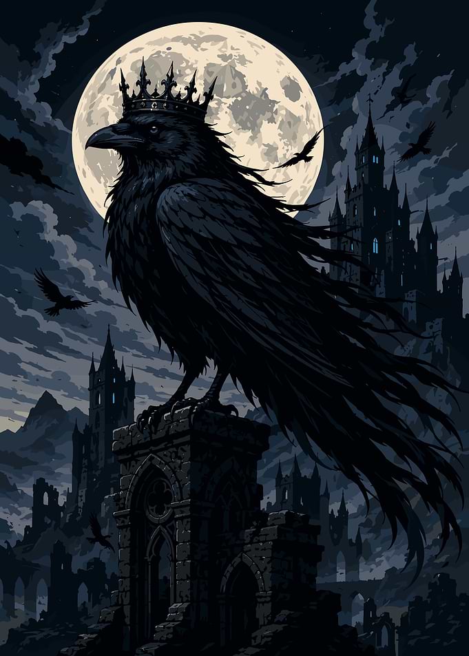 Crowned Raven Over Gothic Castle