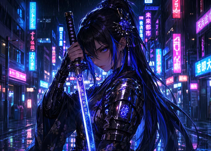 Cyberpunk Samurai Girl with Glowing Katana
