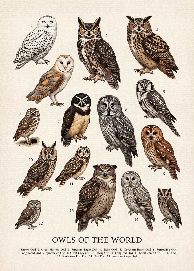 Owls of the World Educational Poster