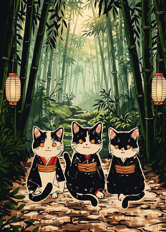 Three Cats in Kimonos Bamboo Forest