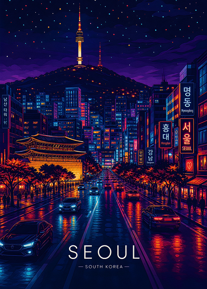 Seoul Cityscape Night Travel Poster