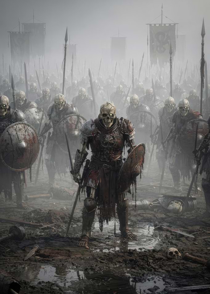 Armored Skeleton Legion Marching Through a Misty Battlefield