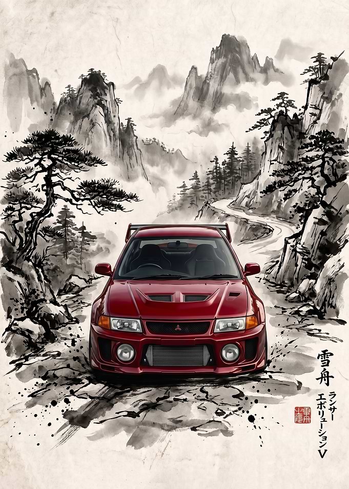 Mitsubishi Lancer Evolution V Ink Wash art poster