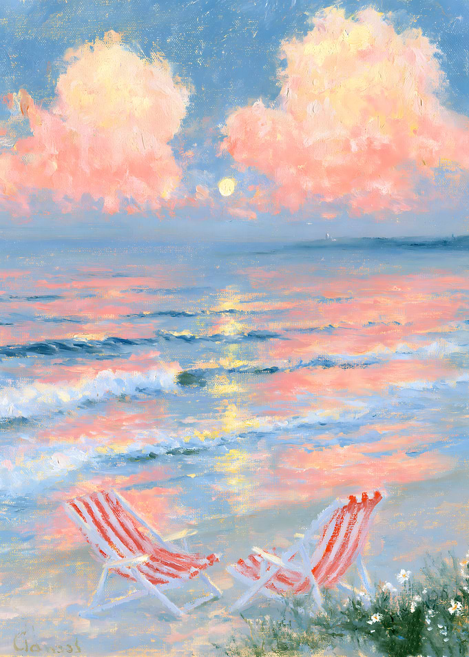 Pink Sunset Beach Scene Painting