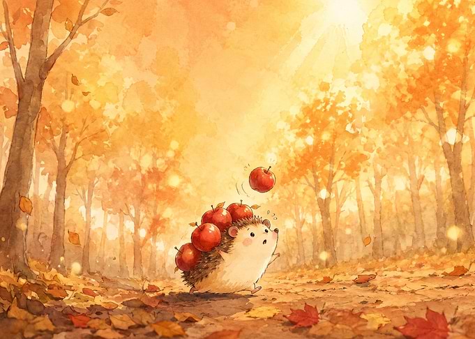 Cute Hedgehog Carrying Apples in Autumn
