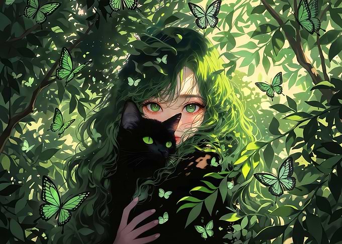 Girl with Black Cat and Butterflies