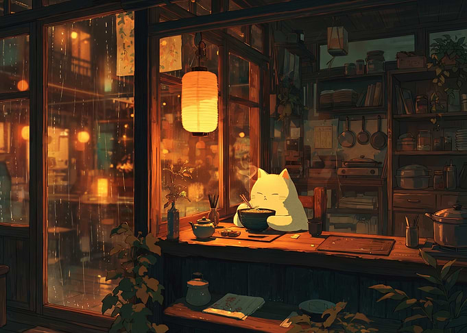 Cozy Cat Eating Ramen in Rain