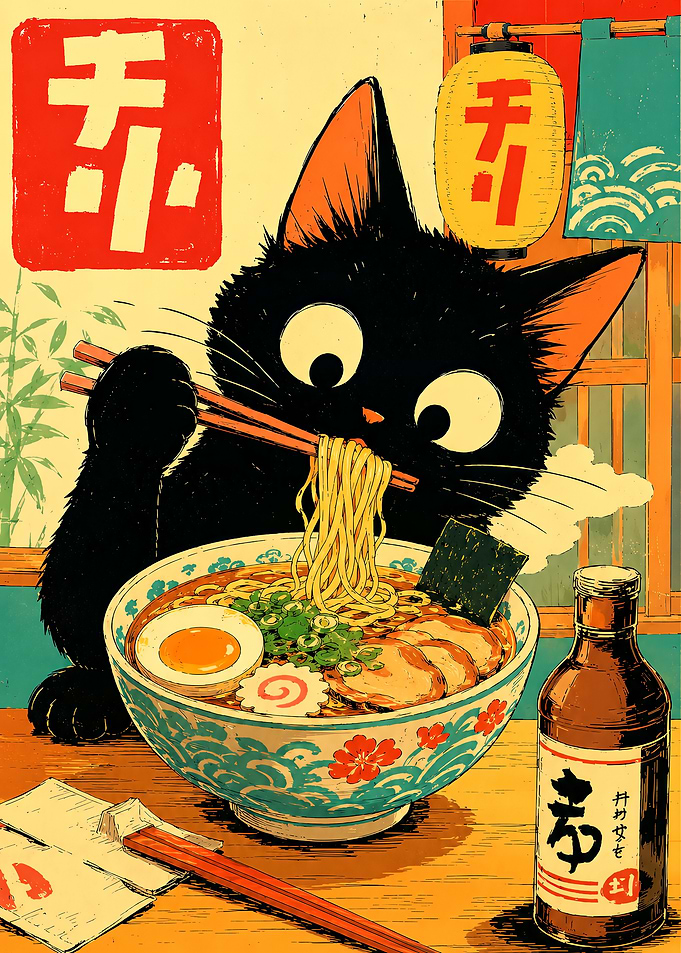 Black Cat Eating Ramen Illustration