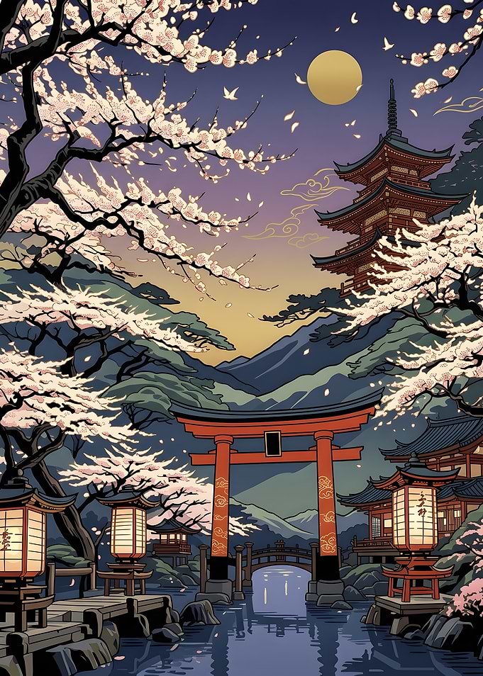 Traditional Japanese Temple and Cherry Blossoms
