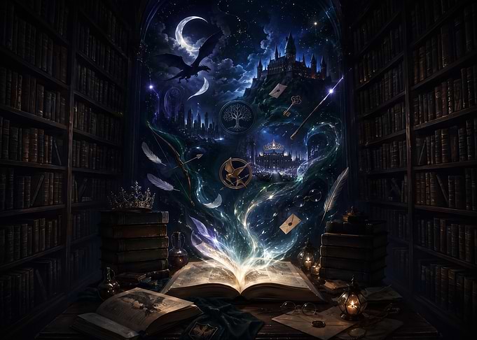 Magical Library Portal to Fantasy Worlds