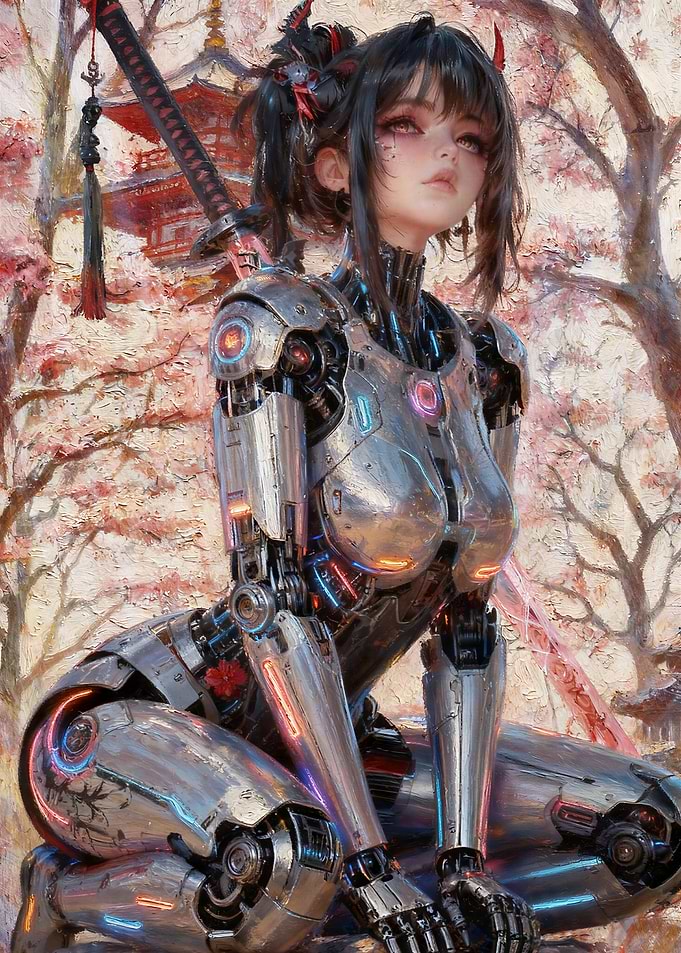 Cybernetic Samurai Waifu in Cherry Blossoms