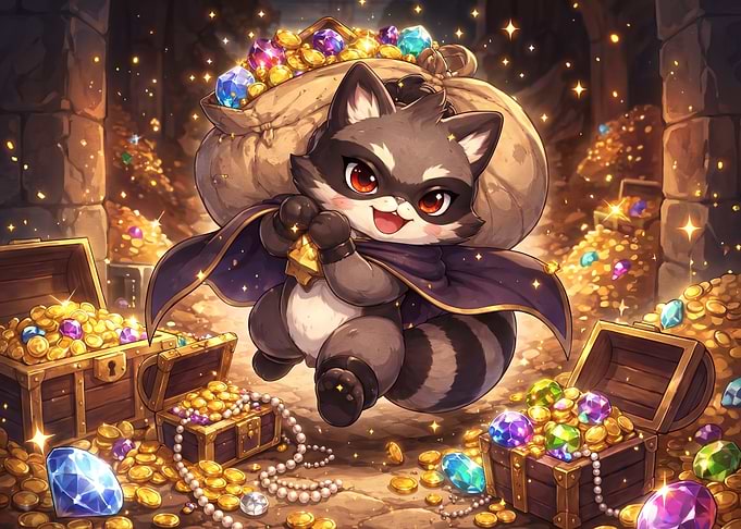 Cute Raccoon Thief with Treasure