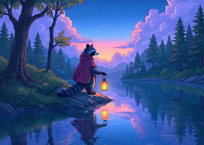 Raccoon with Lantern by the Lake