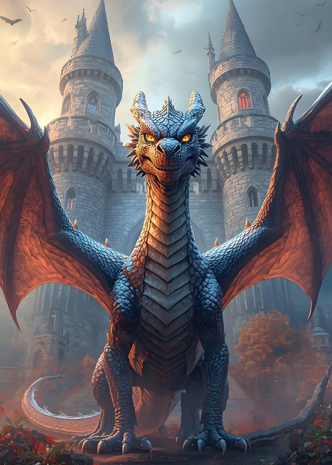 Majestic Blue Dragon Guarding a Stone Castle — Epic Fantasy Illustration