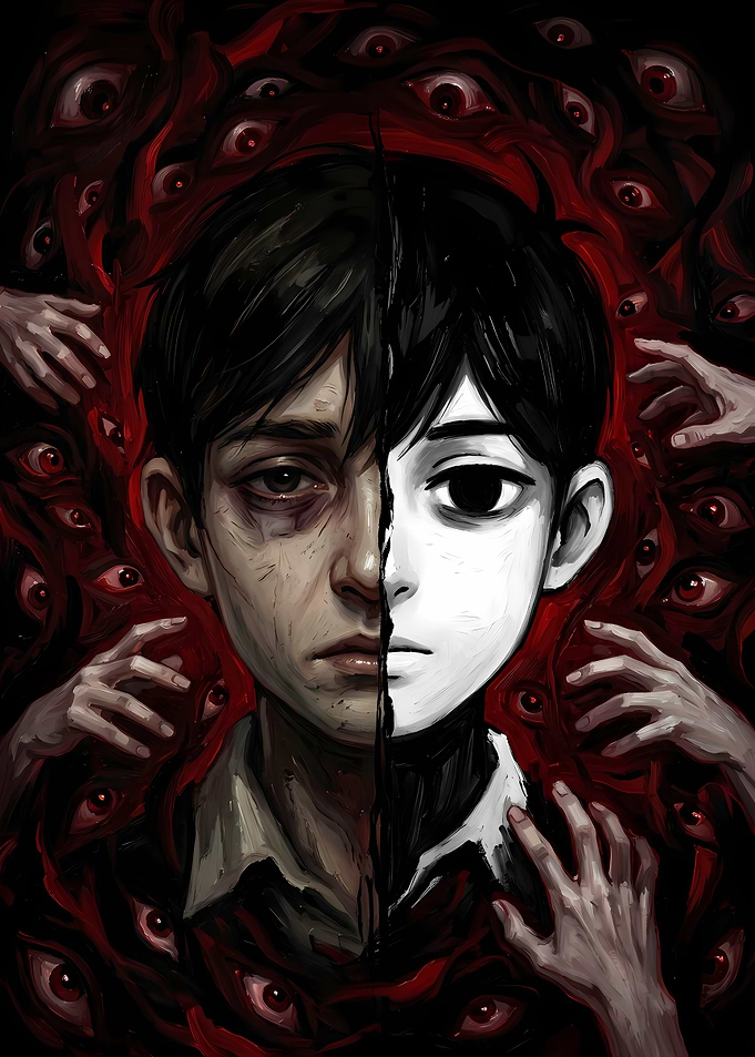 Omori Split Face Psychological Horror Art