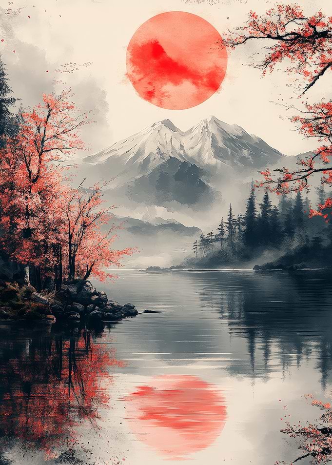 Serene Japanese Landscape with Red Sun