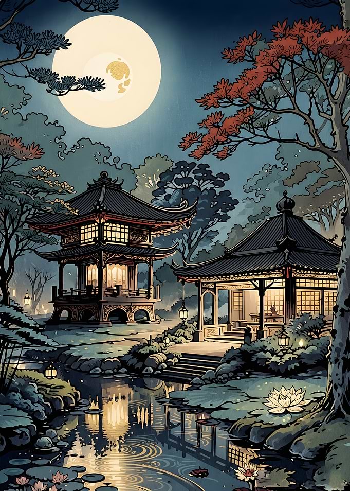 Serene Japanese Garden Under Full Moon