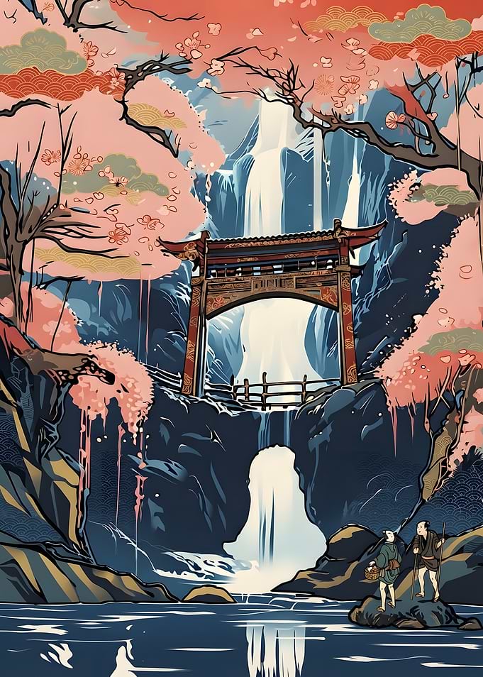 Traditional Japanese Waterfall and Torii Gate