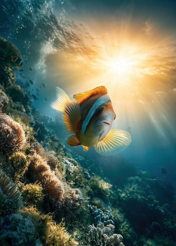 Clownfish Swimming in Sunlit Reef