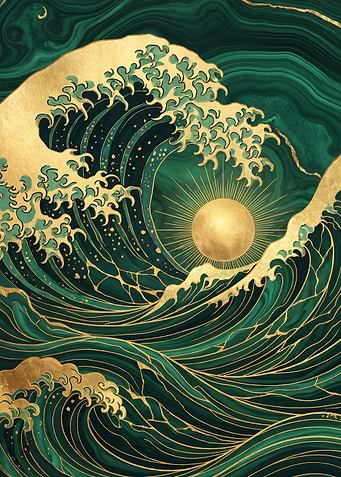Emerald and Gold Great Wave Art