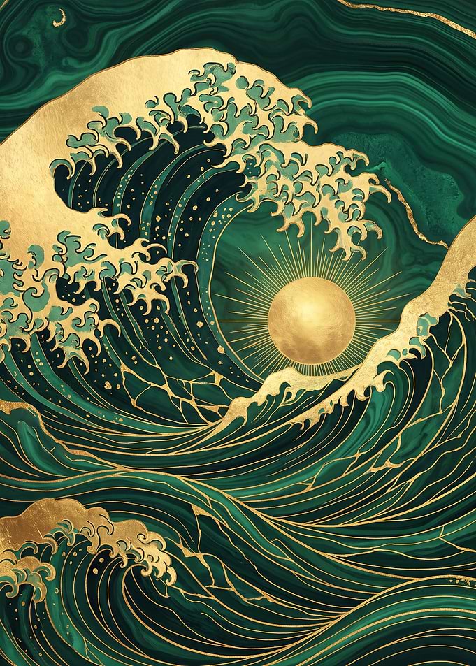 Emerald and Gold Great Wave Art