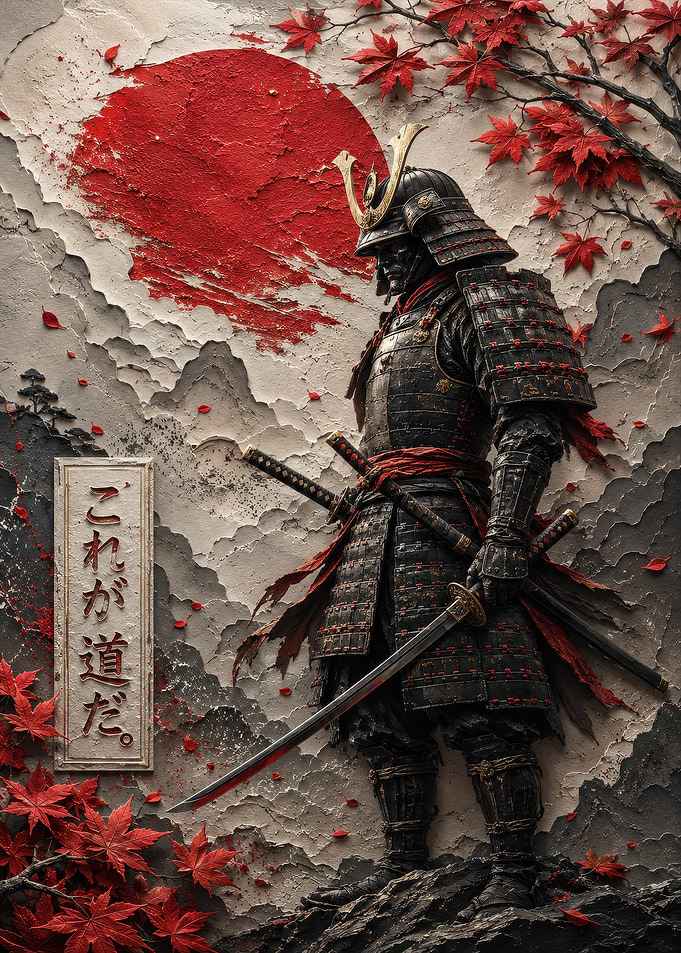 Samurai Warrior with Red Maple Leaves