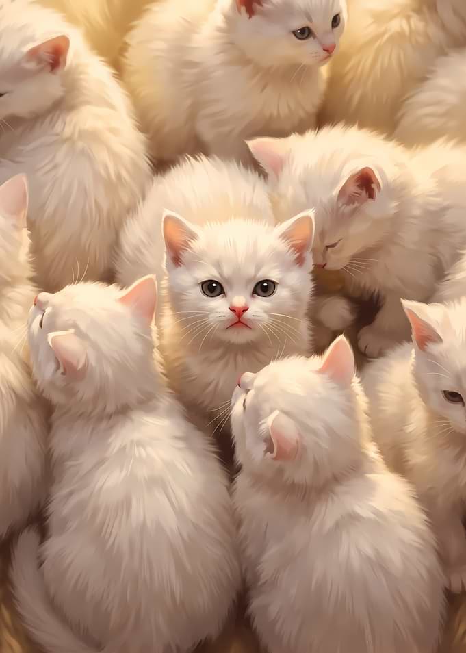 Group of Fluffy White Kittens