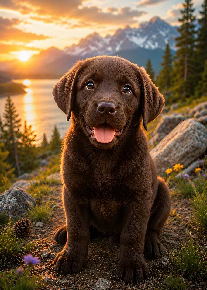 Chocolate Labrador Puppy at Sunset