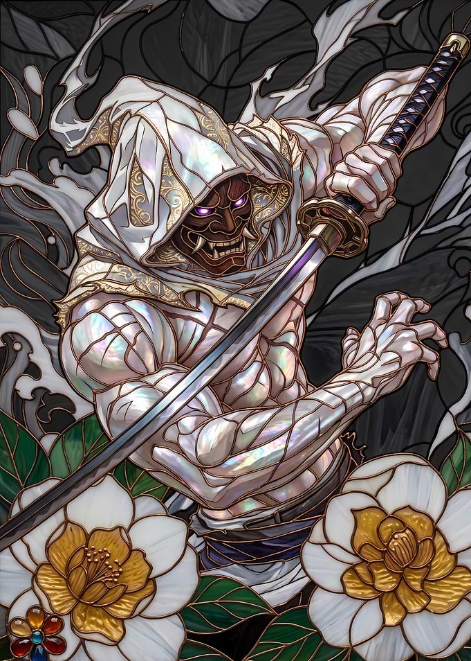 Stained Glass Oni Samurai Warrior