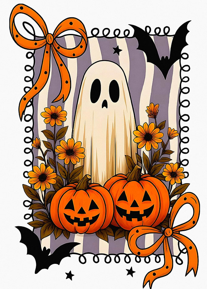 Cute Halloween Ghost and Pumpkin Illustration