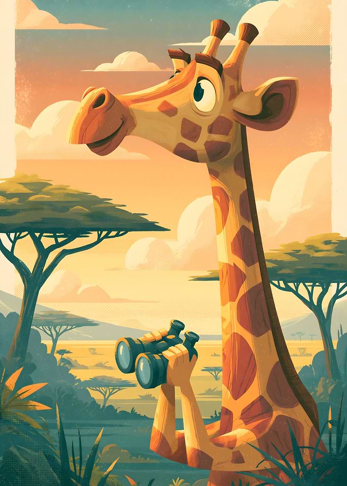 Cartoon Giraffe Exploring with Binoculars