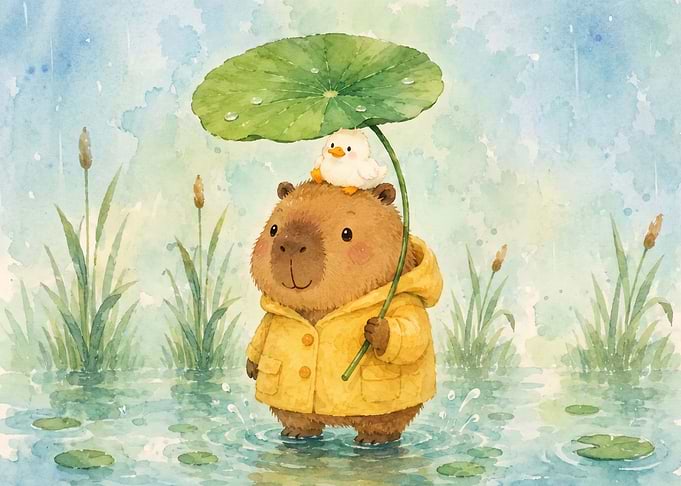 Capybara and Duckling in Rain